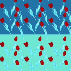 Template. Red tulips on a blue background. Factory textiles. Blue. Pattern with flowers and butterflies.