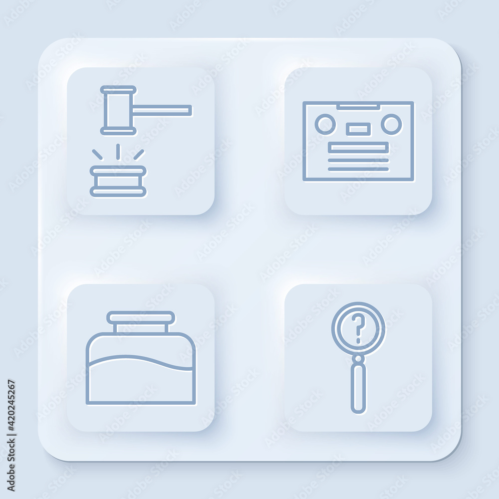 Poster set line judge gavel, retro audio cassette tape, inkwell and magnifying glass with search. white squ