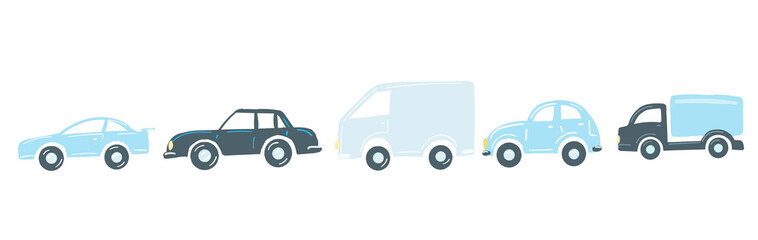 set blue cars flat simple cartoon style hand drawing. vector illustration