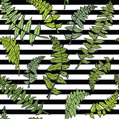 Seamless pattern with black lines and green fern leaves