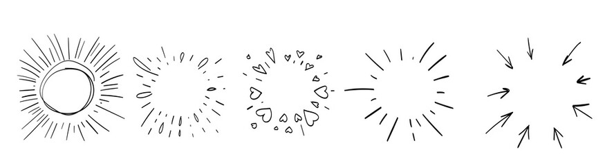 set of firework hand drawn frames bubbles. doodle vector illustration.