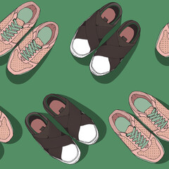 Seamless pattern with two pair of sport shoes