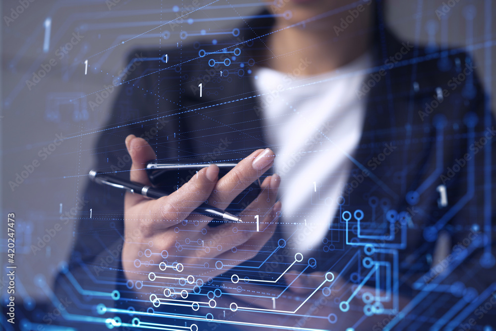 Poster businesswoman in formal wear holding in the hands a smart phone and testing an innovative applicatio