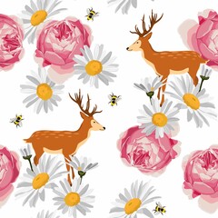 Semless pattern with deer and camomile and pink roses flowers. Repeated texture with elegant animals and floral elements. Cartoon style.