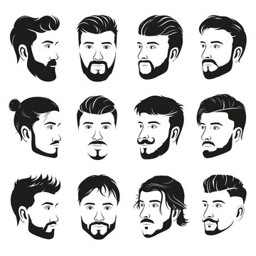Set of men's different hairstyles and beards on white background. Collection of black silhouettes of hairstyles and beards. Vector illustration.