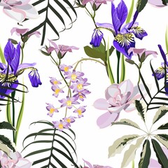 Tropical leaves with violet flowers. Seamless design with amazing  palant with flowers. Fashion, interior, wrapping, packaging suitable. Realistic branch on white background.