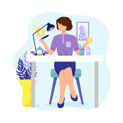 Manicure master with a manicure machine nail file and nail polishes. Flat style character.