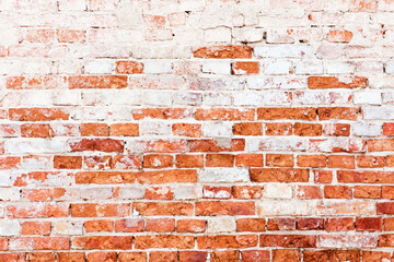 Brick wall background. Urban rustic texture. Antique house exterior wall. Vintage abandoned building architecture. Red brick construction. Red and white paint. Poland flag color grunge.
