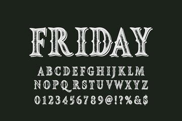 vintage font, dark green background, vector alphabet, letters and numbers
