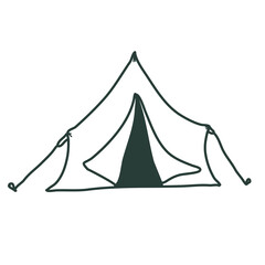 Hand drawn camp tent doodle icon. Hand drawn black sketch. Decoration element.  Isolated. Flat design. Isolated on white background drawing for prints, poster, cute stationery, travel design
