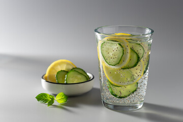 Chia infused detox water with cucumber and lemon in glass. healthy lifestyle, fitness concept. Gray...
