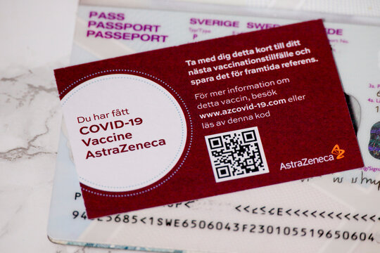 Stockholm, Sweden A Covid-19 Immunization Card From AstraZeneca In Swedish Says: 