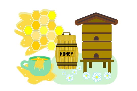 A beehive in a meadow with flowers, honeycomb with honey, a barrel of honey, a cup and flowing honey on a white background for printing and creativity