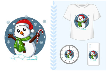 Mockup set, cute snowman bring candy Christmas in the winter