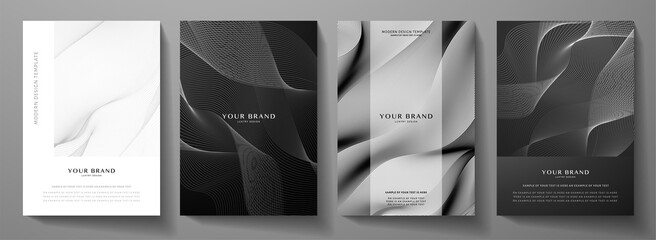Modern cover design set.  Abstract wavy line pattern (guilloche curves) in monochrome color: black, white. Premium stripe vector layout for business background, certificate, brochure template, booklet - obrazy, fototapety, plakaty