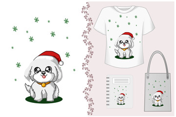 Mockup set, white dog wearing christmas hat