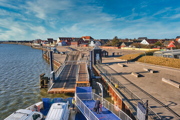 Nordby with ferry berth at the wadden sea island Fanoe, Denmark