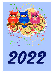 Calendar 2022. Cute owls and birds for every month. Wall vertical calendar for 2022, the week starts on Sunday. A4 format