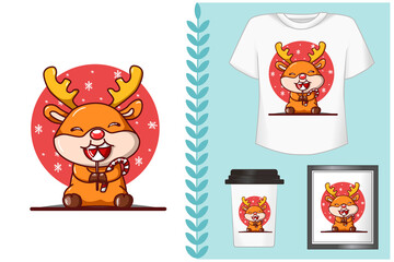 mockup set, a little deer eating Christmas candy illustration