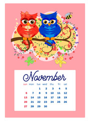 Calendar 2022. Cute owls and birds for every month. Wall vertical calendar for 2022, the week starts on Sunday. A4 format