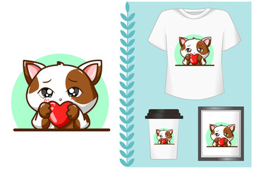Mockup set, illustration of a cute cat in white brown blaster with love