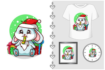 Mockup set, a blue rabbit blowing a trumpet and some Christmas presents