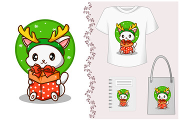 Mockup set, cat carrying a Christmas present wearing a reindeer horn headband