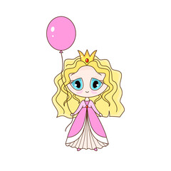 Cute little princess in pink dress with pink balloon. Great cartoon character for your design.