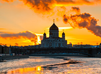 Building of the Cathedral of Christ the Saviour and Moskva river. Winter sunset. Moscow. Russia