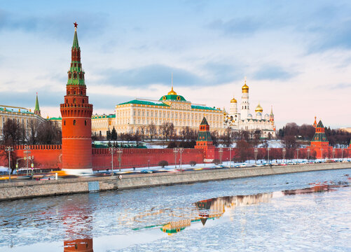 Moscow Kremlin and Moskva river. Winter sunset. Russia