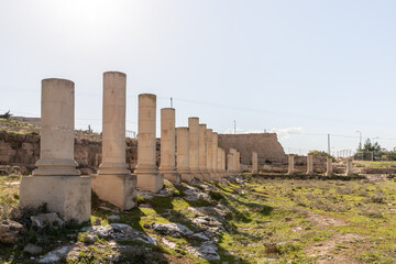 The remains  of columns in the ruins of the palace of King Herod - Herodion, in the Judean Desert, in Israel