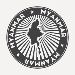 Myanmar round logo. Vintage travel badge with the circular name and map of the country, vector illustration. Can be used as insignia, logotype, label, sticker, or badge of Myanmar.
