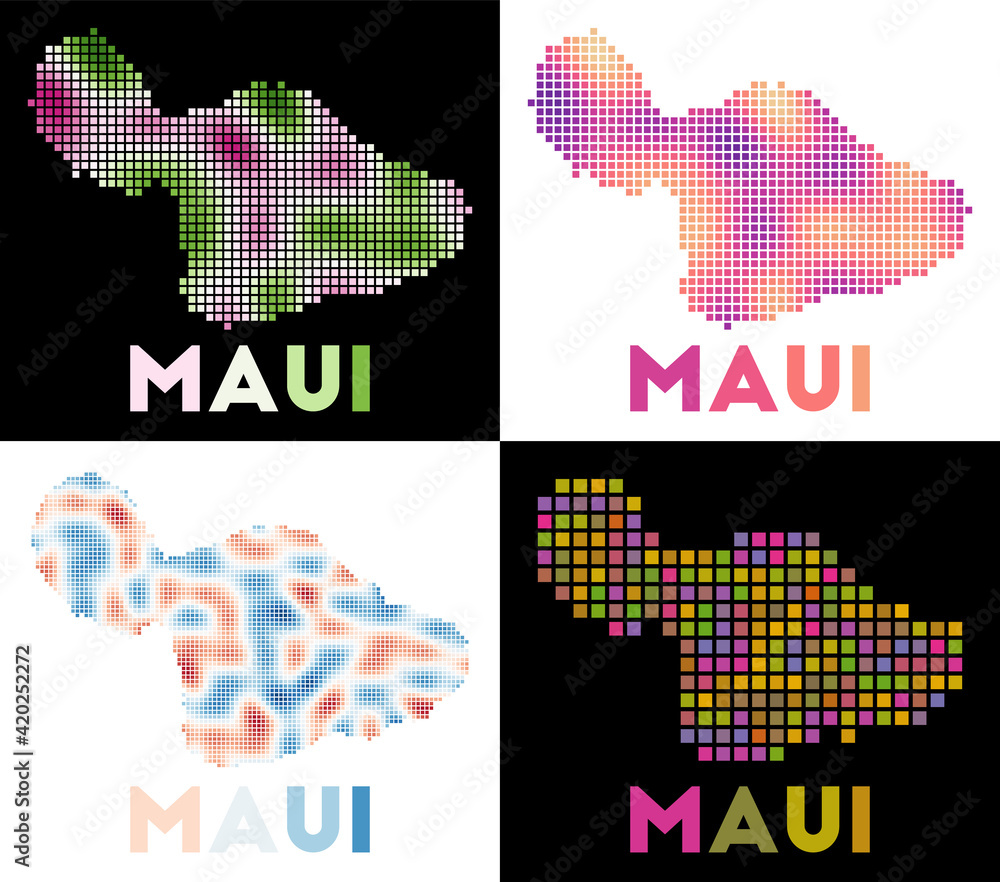 Poster maui map. collection of map of maui in dotted style. borders of the island filled with rectangles fo