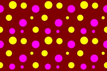 Fototapeta na wymiar Yellow and pink circles of different sizes on a dark red background. Texture for textiles and paper