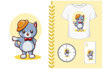 Mockup, cute cat wearing yellow hat illustration