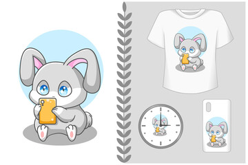 Mockup, cute gray rabbit playing the hand phone