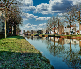 canal the Zuid Willemsvaart in the city Weert the Netherlands with a bridge in the background