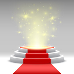 Round podium with red carpet and lights. Pedestal. Stage. Vector illustration.