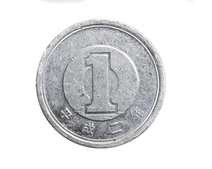 Japan one yen coin on white isolated background