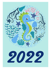 Marine life. Wall calendar design template for 2022, A4 format. Week starts on Sunday. Whale, mermaid, snail, shark, crab, stingray, seahorse, dolphin, octopus, turtle, jellyfish, clown fish etc.