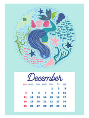 Marine life. Wall calendar design template for 2022, A4 format. Week starts on Sunday. Whale, mermaid, snail, shark, crab, stingray, seahorse, dolphin, octopus, turtle, jellyfish, clown fish etc.