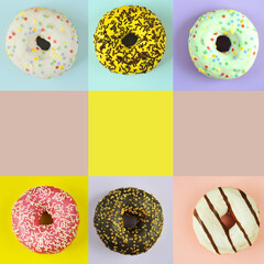 Collage with delicious donuts on colorful background. National donuts day. Food pattern.