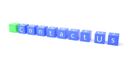 Contact us concept with blue cube block preceded with a green cube decorated with a telephone symbol. Website page contact us or e-mail marketing concept isolated on white background. 3d Illustration