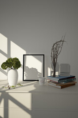 Mock up poster frame in hipster interior background, living room, Scandinavian style, 3D render, 3D illustration