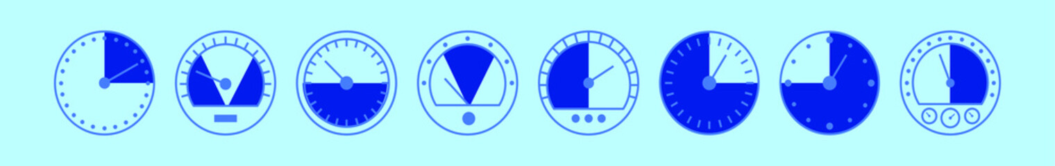 set of speedometer cartoon icon design template with various models. vector illustration isolated on blue background
