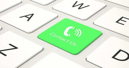 Contact us web and website concept, Modern keyboard with a mobile phone icon and contact us word on a green computer button. Contact us keyboard concept. 3d Illustration.