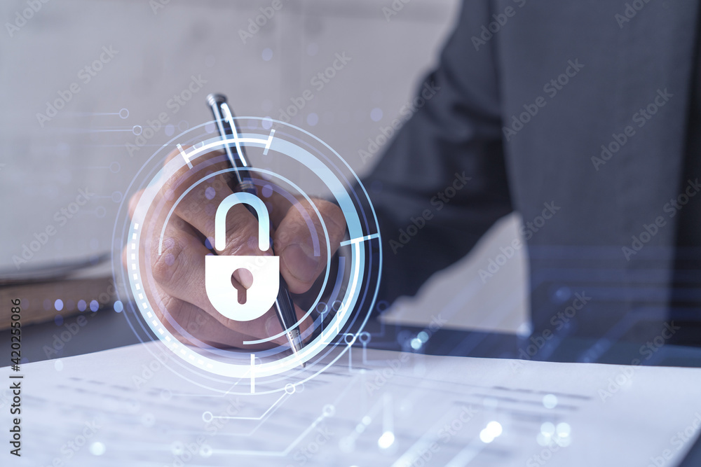 Poster a businessman in formal wear signing the contract to prevent probability of risks in cyber security.