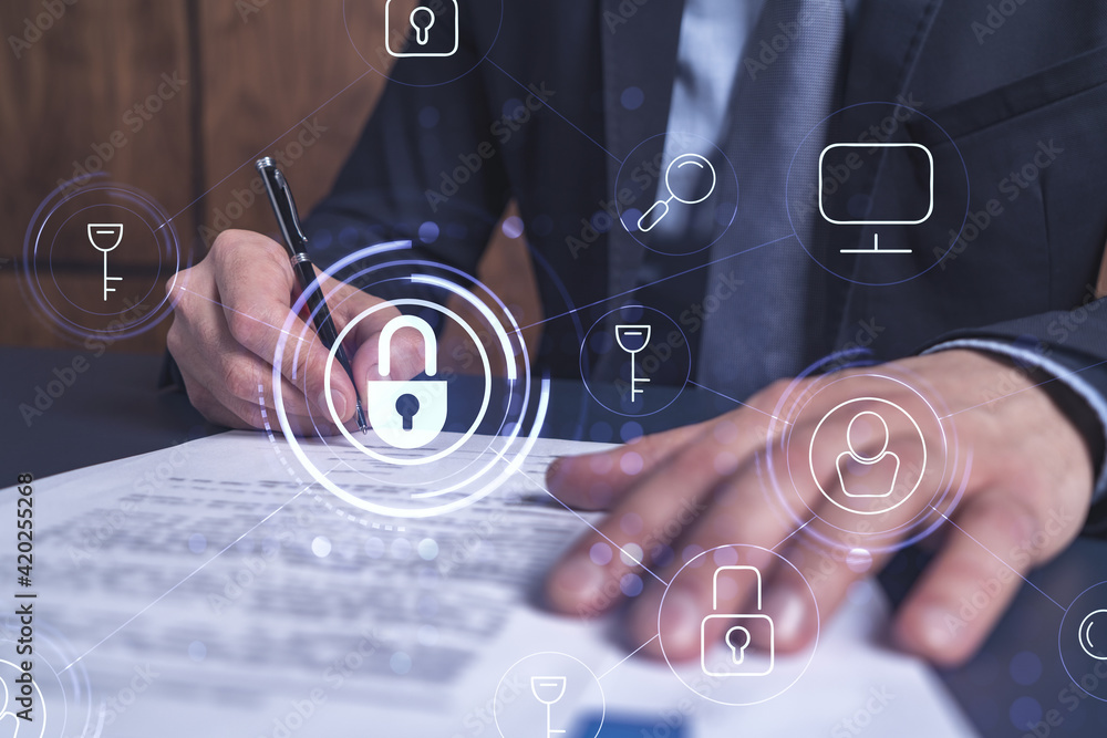 Poster a businessman in formal wear signing the contract to prevent probability of risks in cyber security.