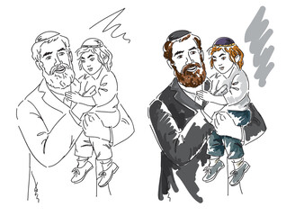 Religious Jewish man holding son in his arms. Hand drawing illustration.
