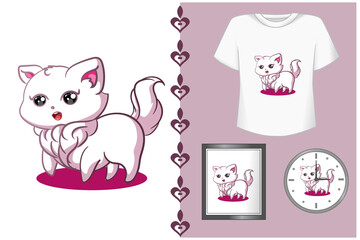 Mockup pretty white cat cartoon illustration